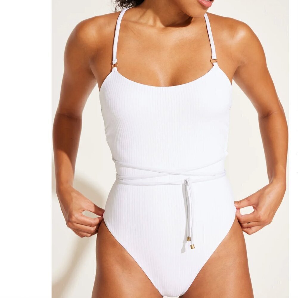 Vitamin A White Yara Wrap One Piece EcoRib Ribbed Bathing Swim Suit